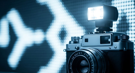 Digital camera with a flash on the background of the stock exchange.