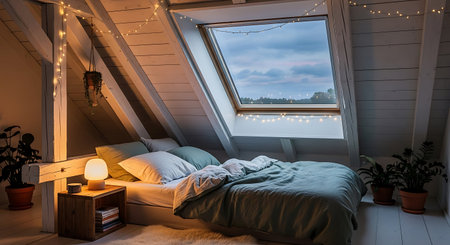 Interior of a attic bedroom with a large window overlooking the mountains.