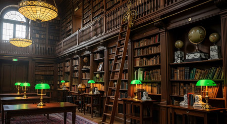Interior of an old library with bookshelves and lamps.の写真素材