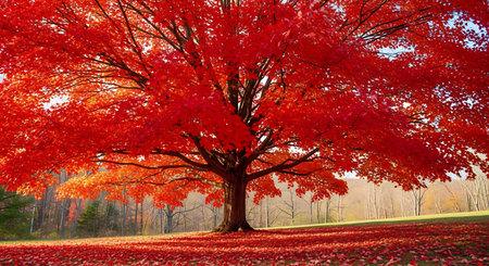 Autumn maple tree with red leaves on the ground in the park