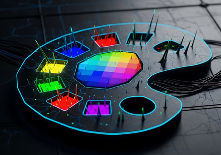 Futuristic interface with color charts on dark background 3D renderingの写真素材