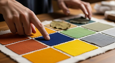 a hand points to a blue swatch among many colorful fabric samples laid out on a white surface for selectionの写真素材