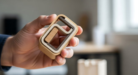 a hand holds a layered, interlocking wooden puzzle, showcasing its intricate design in a bright...