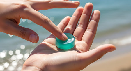a hand holds a blue round object with a finger touching it, set against a blurred beach backgroundの写真素材
