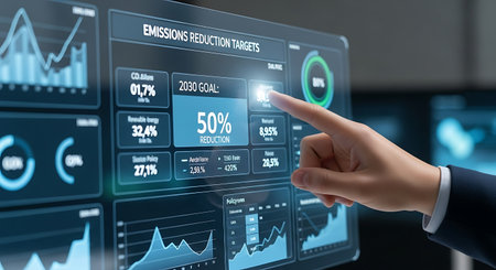 hand interacts with a dashboard showing emission reduction targets and data analysis on a digital...