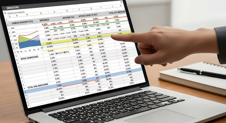 a hand points at a laptop screen displaying an emissions spreadsheet with graphs and financial data...