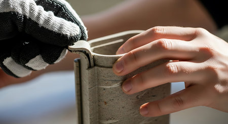 a gloved hand and bare hand assemble a modern concrete planter with interlocking edges in bright...