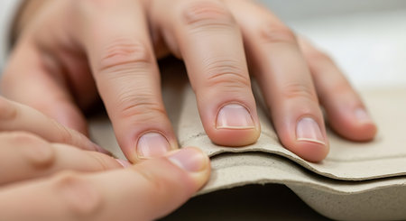 a close up shot shows hands working with cardboard, highlighting texture and detail in a neutral...
