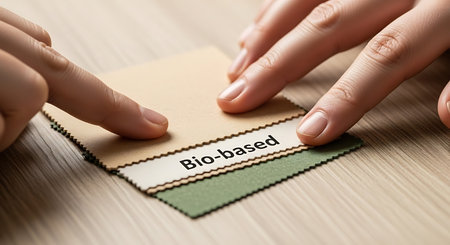close up of hands holding bio based material samples on a wooden surface for examination and...