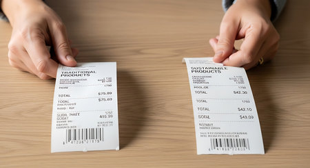comparing two receipts one for traditional and one for sustainable products on a wooden table top...