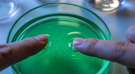 two fingers are touching a green liquid in a clear glass bowl, creating ripples on the surface of...