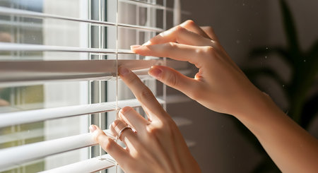 a close up shot of hands adjusting white window blinds, letting sunlight into a cozy and bright roomの写真素材