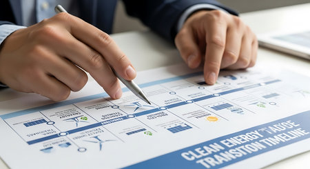 a person is pointing at a clean energy transition timeline document with a silver pen on a white...