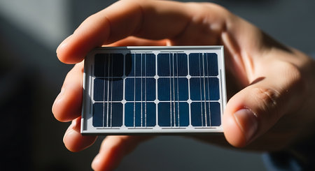 a hand holds a small solar panel, highlighting renewable energy and sustainable technology solutions...