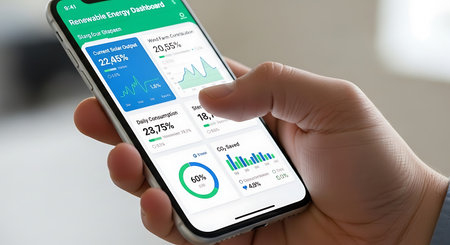 a person interacts with a mobile app showing renewable energy data, including solar and wind...