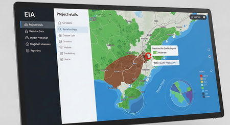 a digital display shows project details and environmental impact predictions with a map and data...