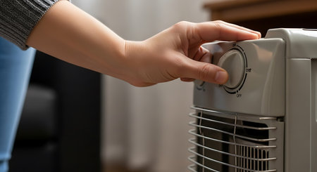 a hand turns the knob of a white tower fan in a house with jeans and a gray sweater visible