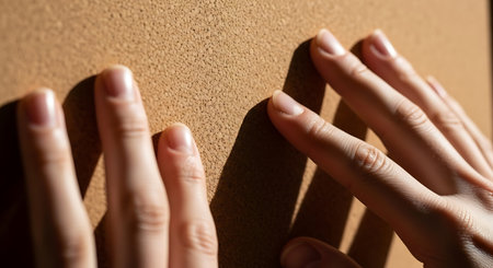 a close up shows hands pressing against a cork board, sunlight casting shadows on the textured...