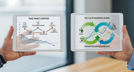 two tablets display business models, one linear and one circular, held by a person indoors in a...
