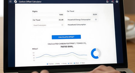 a laptop displays a carbon offset calculator with fields for flights and car travel information