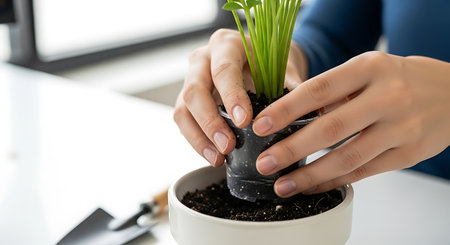 a person is holding a small plant in a plastic cup above a pot filled with soil on a white surface