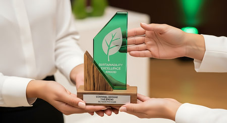 hands presenting a green sustainability excellence award with wooden base and leaf design on a light...