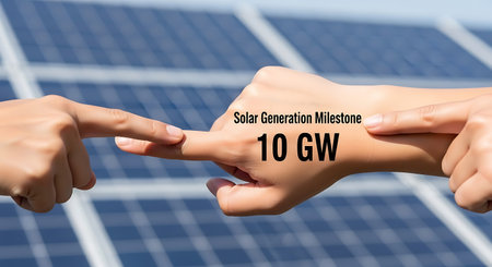 fingers pointing at a hand with solar generation milestone text, with solar panels in the background
