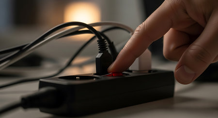 a close up of a finger pressing the power button on a black power strip with plugs and cables...