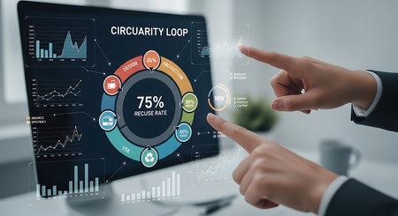 a person points at a screen showing circularity loop, graphs, data, and business information display