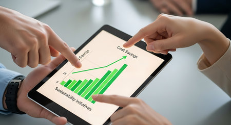 two people are analyzing a green graph on a tablet showing cost savings and sustainability initiativesの写真素材
