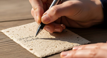 a close up shot of a person writing on textured paper with a pen on a wooden surface in daylight