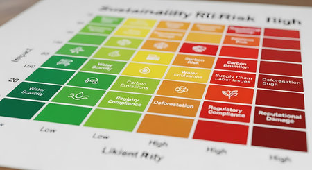 a risk matrix showing sustainability risks with impact and likelihood color coded from green to red.