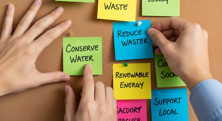 Hands arranging sticky notes on a cork board, promoting sustainability and eco friendly living with...