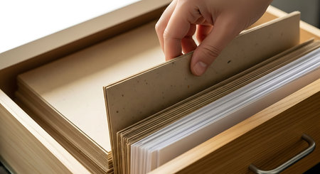 Close-up image of a hand opening a book in a drawer