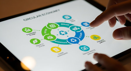 Man using tablet with icons of recycling and recycling.の写真素材