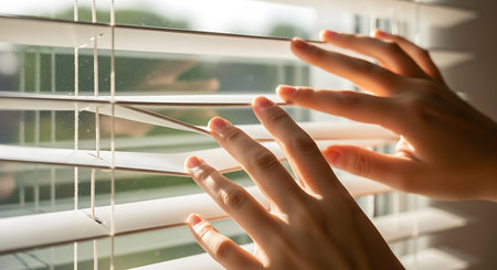 Close-up of female hands peering through the window blindsの写真素材