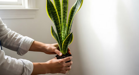 Woman hands transplanting sansevieria plant into a new potの写真素材