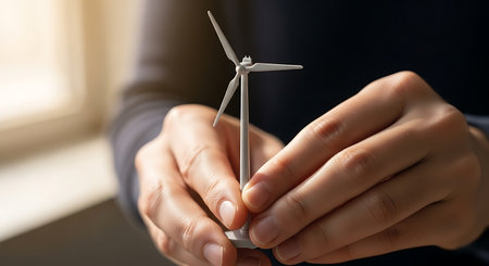 Alternative energy concept. Close up of female hands holding wind turbine in officeの写真素材