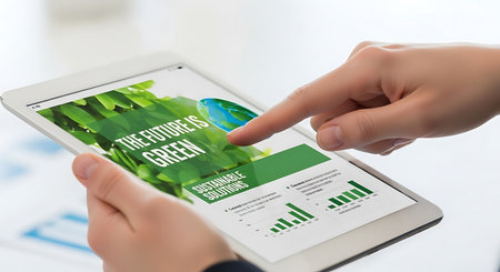 a person is using a tablet showing a presentation about sustainability with green graphs and text on...