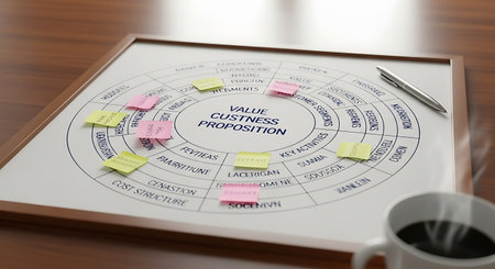 a value proposition canvas on a wooden surface with a pen and coffee cup for strategic planning...