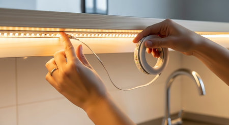 Close-up of female hands installing led light bulb in modern kitchenの写真素材