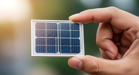 Hand holding photovoltaic solar panel against blurred background. Alternative energy concept