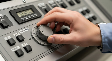 Close-up Of A Person's Hand adjusting the volume of a control panelの写真素材