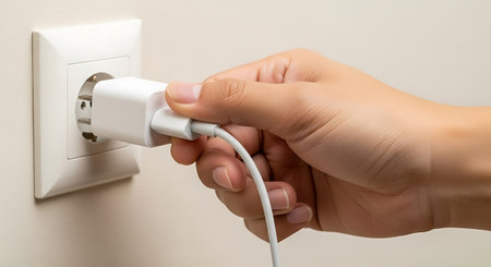 Woman's hand plugging a power cord into a white socket.