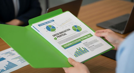 Businesswoman holding a clipboard with personal information related to financial management conceptの写真素材