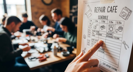 cropped view of waitress pointing with finger at menu in coffee shopの写真素材