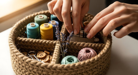 Close up of female hands sewing with needles and thread in wicker basketの写真素材