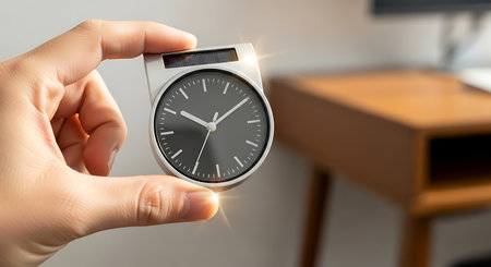 Close-up image of female hand holding alarm clock on blurred background