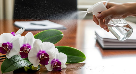 close up of female hand spraying water on orchid flower on table