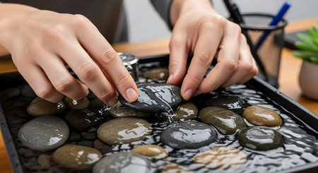 cropped shot of woman taking spa stones from tray in spa salonの写真素材